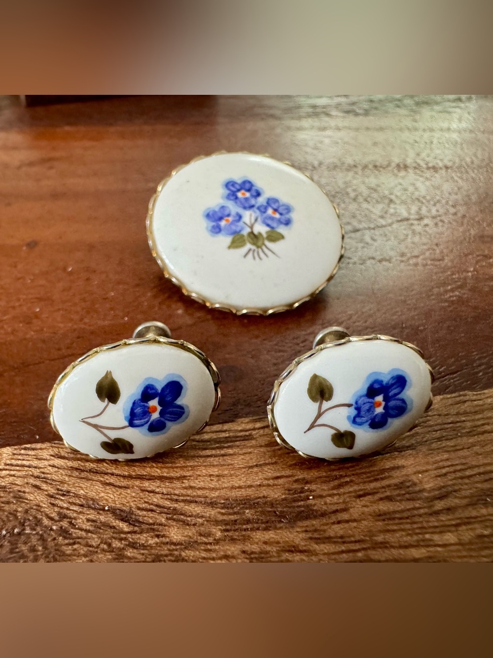 Vintage Art Deco Porcelain Brooch Pin & Earrings Forget-me-Nots Screw Back